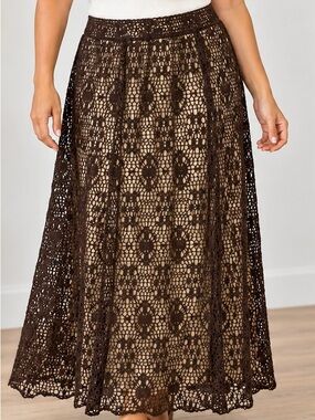 On The Go Style Skirt Size S Brown Boho Crochet Lace Lined Maxi Skirt